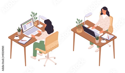 Isometric online education. Women sitting at computer, back and face view, pupil personal workplace, desktop with laptop. Distance learning in school. Vector cartoon isolated illustration