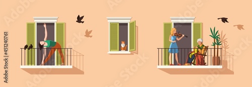 People on balcony. Balconies for relaxing. Woman does sport, plays music, grandmother knitting, Brick wall of building facade, characters hobbies. Vector flat cartoon isolated illustration