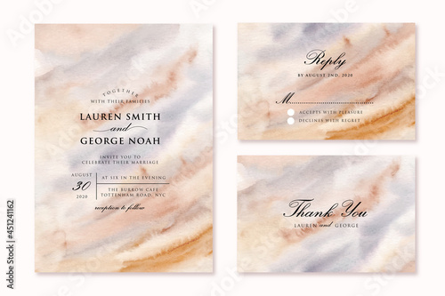 wedding invitation set with soft abstract watercolor background