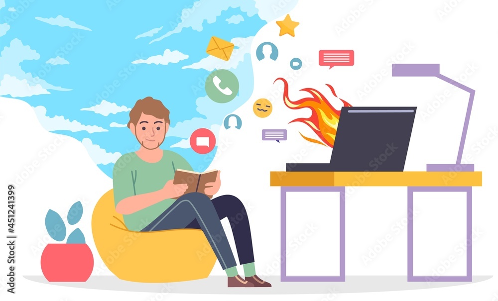Break from social media. Man stop online messaging and using laptop. Happy character reading books. Burning computer. Enjoy literature. Healthy habits. Vector digital detox concept Break from social media. Man stop online messaging and using laptop. Happy character reading books. Burning computer. Enjoy literature. Healthy habits. Vector digital detox concept