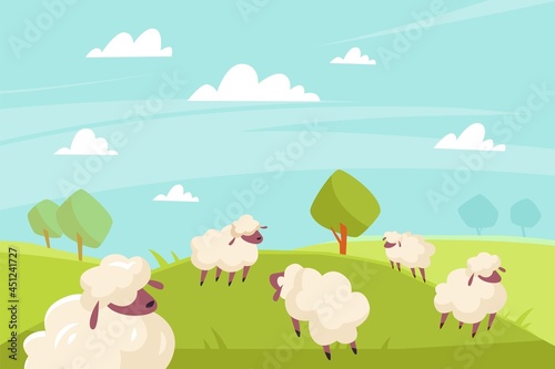 Cute sheeps grazing. Green meadows and blue sky, countryside summer sunny landscape, farm animals outdoors. Cute fluffy ewe in nature background. Rural scene, vector cartoon flat isolated concept