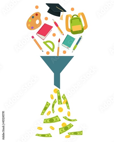 Education for money. School stationery and books fall into funnel. Dollar and coins. Price of studying in university or college, expensive tuition pay. Vector cartoon flat isolated concept