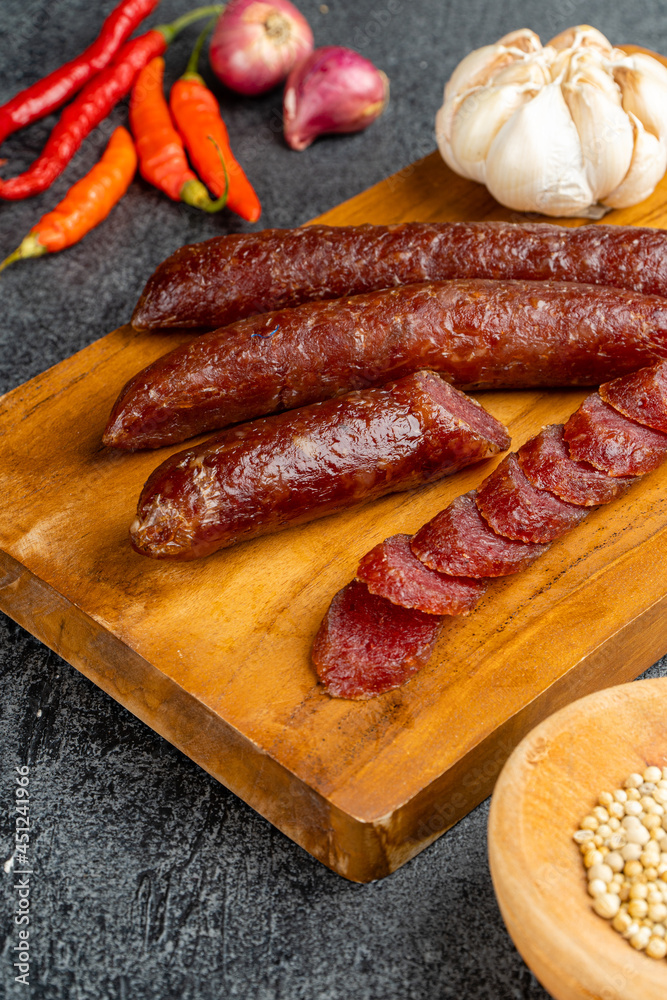 Lap cheong or chinese sausage are dried pork sausages that look and feel like pepperoni but are much sweeter. In southwestern China, sausages are flavored with salt, red pepper and wild pepper.