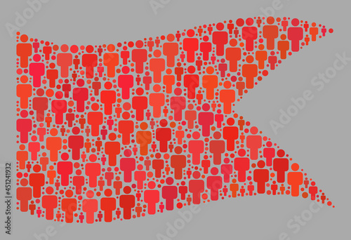 Mosaic waving red guidon flag designed with person items. Vector crowd mosaic waving red guidon flag combined for political illustrations. Red guidon flag collage is created of scattered people items.