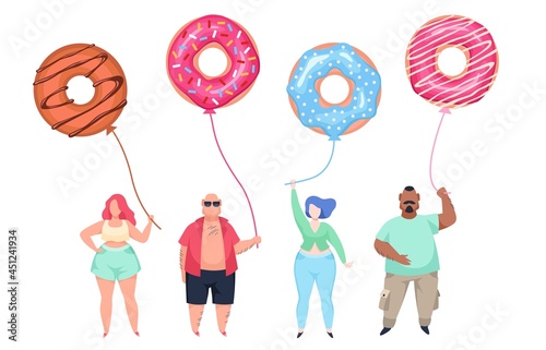 Fat guys with doughnut balls. Overweight men and women standing in row, unhealthy food habits. Body positive people. Young obese characters with balloons. Vector cartoon isolated concept