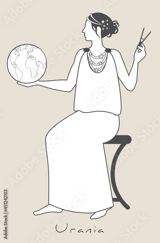 Girl dressed in the ancient Greek style, holding a globe and a compass. Muse Urania. Isolated on white background.