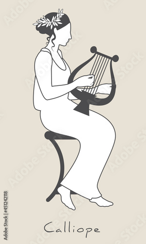 Girl wearing laurel wreath, dressed in ancient Greek style playing the lyre. Greek mythology. Muse Calliope. Isolated on white background.
