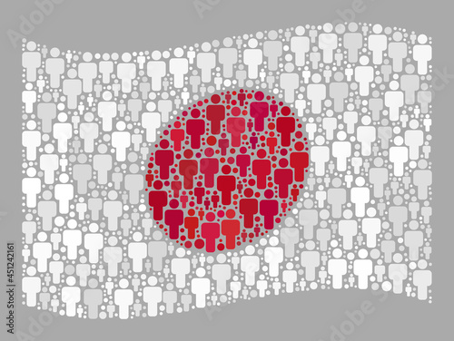 Mosaic waving Japan flag constructed with human icons. Vector demographics collage waving Japan flag combined for demographics posters. Japan flag collage is constructed of scattered guy items.
