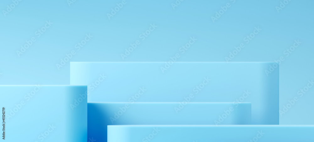 Minimal background for branding and product presentation. Blue step podium on blue background. 3d render illustration. Clipping path of each element included. Minimal background for branding and product presentation. Blue step podium on blue background. 3d render illustration. Clipping path of each element included.
