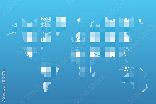 Map world. Worldmap global. Silhouette dot globe. Continents on blue background. Map world for design technology, travel, business, digital visualization. Simple flat backdrop. Vector illustration