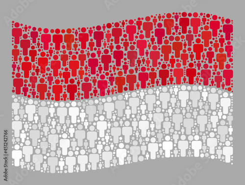 Mosaic waving Indonesia flag created with man elements. Vector population mosaic waving Indonesia flag created for political wallpapers. Indonesia flag collage is done of random man items.