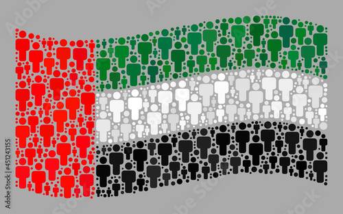 Mosaic waving United Arab Emirates flag constructed of people elements. Vector people mosaic waving United Arab Emirates flag constructed for demographics purposes.