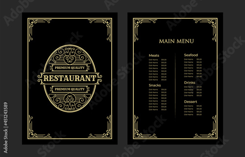 Luxury vintage restaurant food menu card template for packaging with logo for hotel cafe bar coffeeshop