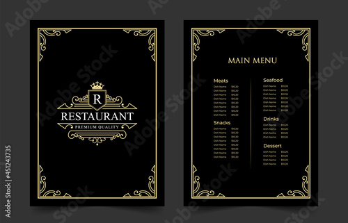 Luxury vintage restaurant food menu card template for packaging with logo for hotel cafe bar coffeeshop