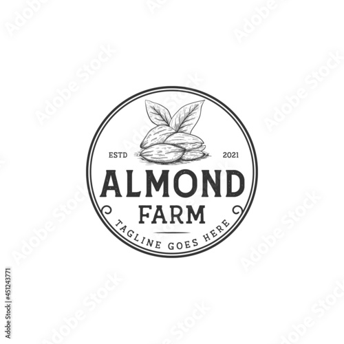 Almond logo nuts with vintage retro rustic style for farmer, farm