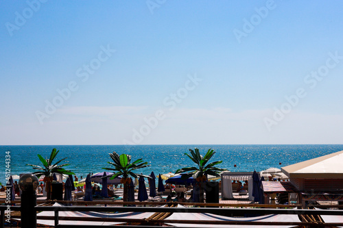 Artificial palm trees on the beach against the backdrop of the Black Sea. Vacation concept in the tourist season.
