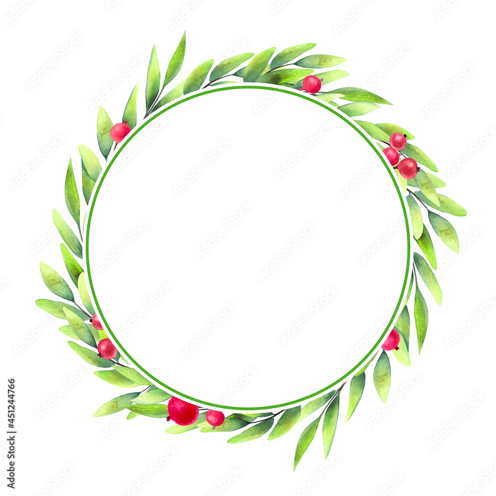 Circle wreath made of hand drawn red pomegranate with green leaves and branch for invitation card, postcard, greeting card. Botanical watercolor illustration isolated on white background . Circle wreath made of hand drawn red pomegranate with green leaves and branch for invitation card, postcard, greeting card. Botanical watercolor illustration isolated on white background .
