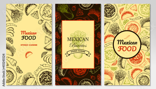 Set of hand drawn Mexican food vertical designs. Vector illustration in sketch style