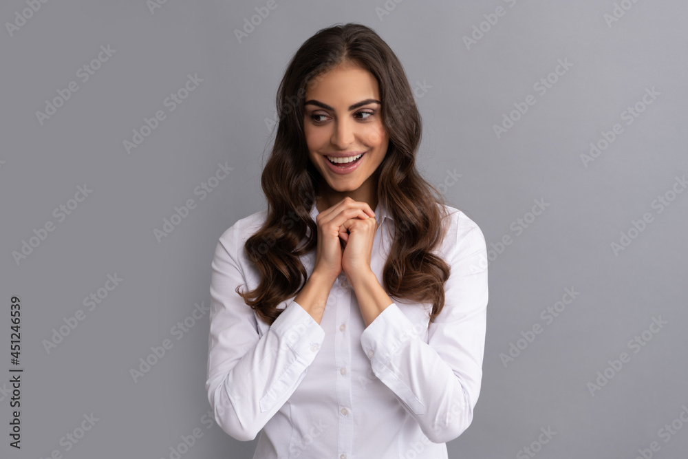 Happy woman lawyer smile making decision grey background, think Happy woman lawyer smile making decision grey background, think