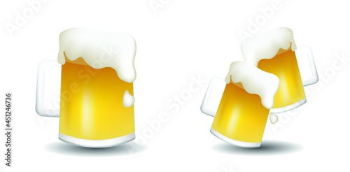 Vector illustration set of beer. Glass of beer and two glasses with fresh yellow live beer vector emoji illustration isolated on a white background. 