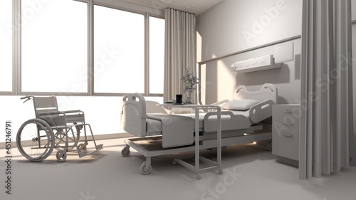 Hospital room with beds .Empty bed  and wheelchair in nursing  a clinic or hospital . 3d room and comfortable sofa rendering.Luxury patient bed  illustration.Modern hospital health care concept.