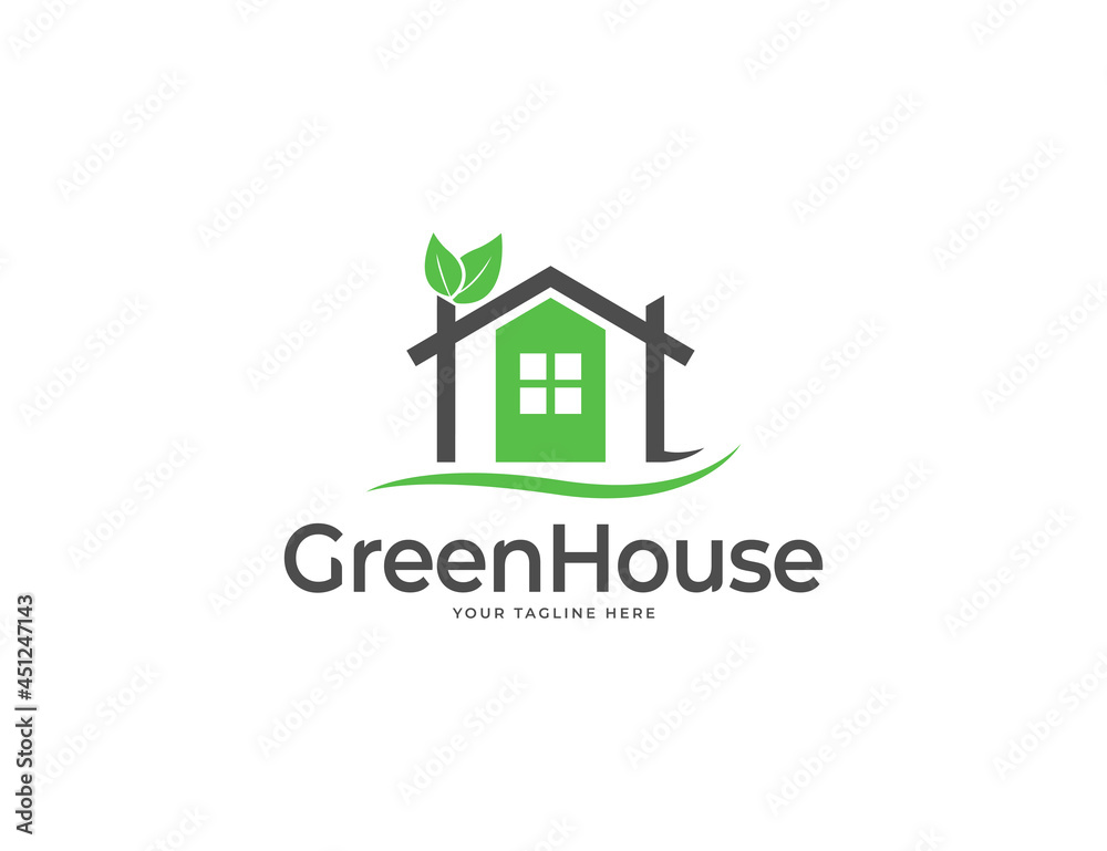 Elegant green house or home logo design with leaves Elegant green house or home logo design with leaves