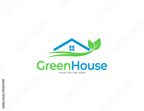 Green house logo with roof and leaves concept