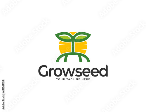 Growing seed logo with sun and leaves illustration