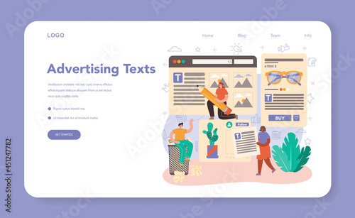 Copywriter web banner or landing page. Writing and designing texts