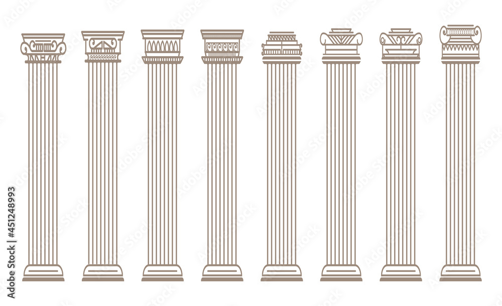 Greek and roman architecture classic stone colomns. outline vector illustration. architecture column and pillar  - obrazy, fototapety, plakaty 