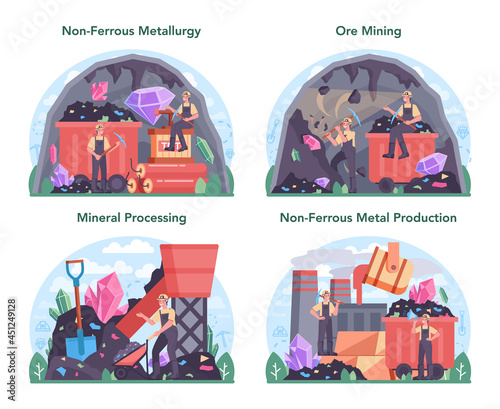 Nonferrous metallurgy concept set. Ore extracting and production