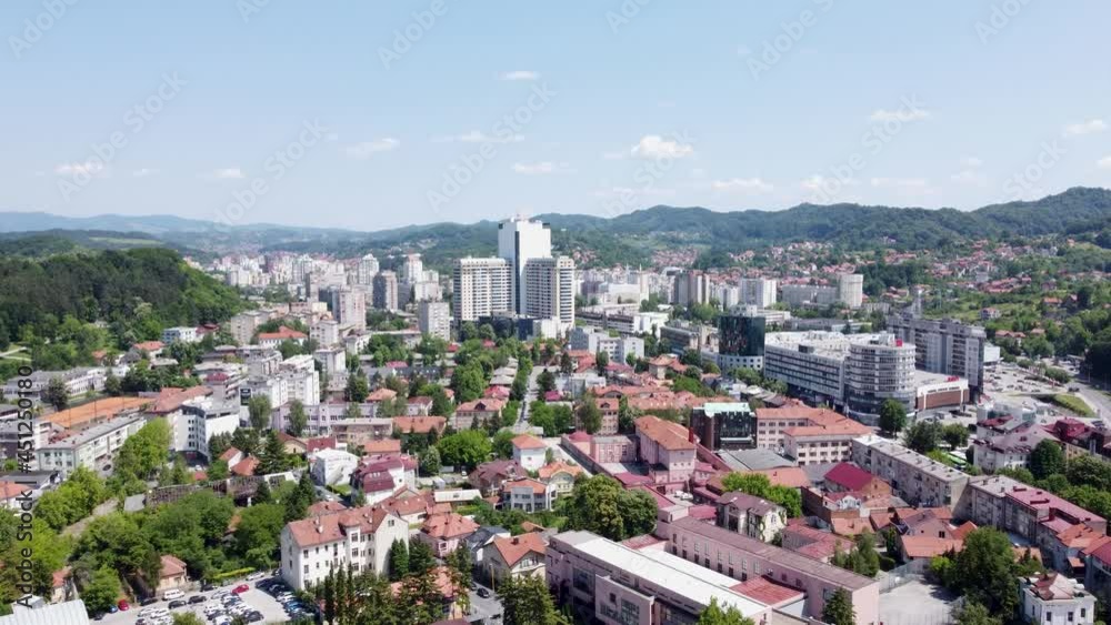 Aerial drone view of city of Tuzla, Bosnia and Herzegovina. Buildings, streets and residential houses. Tuzla is a town and municipality in north BiH, Europe. Aerial drone view of city of Tuzla, Bosnia and Herzegovina. Buildings, streets and residential houses. Tuzla is a town and municipality in north BiH, Europe.