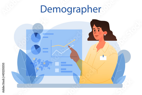 Demographer concept. Scientist studying population growth, analyze data