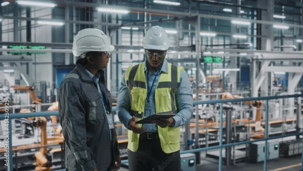 Multiethnic Manager and African American Car Factory Engineer in Uniform Using Tablet Computer. Automotive Industry 4.0 Manufacture Employees Discuss Work on Vehicle Assembly Plant. Multiethnic Manager and African American Car Factory Engineer in Uniform Using Tablet Computer. Automotive Industry 4.0 Manufacture Employees Discuss Work on Vehicle Assembly Plant.