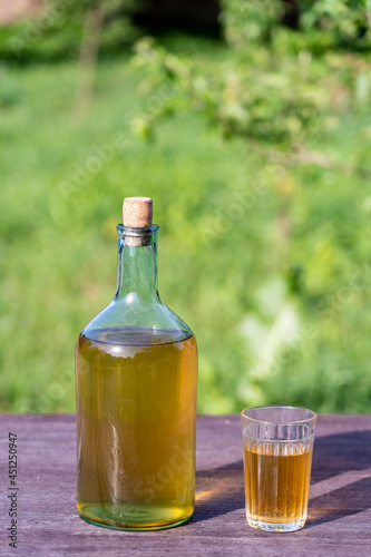 Homemade wine in a big glass bottle on nature background in garden