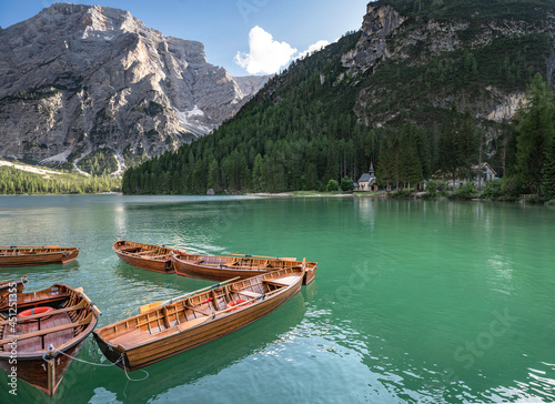 Beautiful view of Braies Lake, Trentino-Alto Adige, Italy with boats