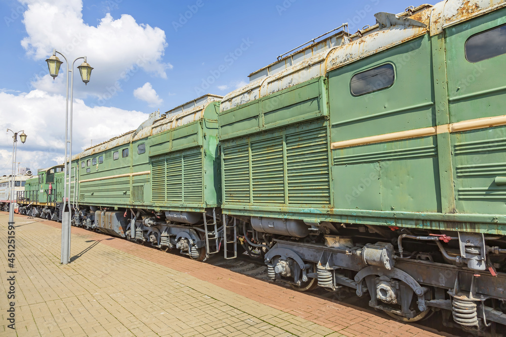 Obraz premium Rare Soviet retro railroad car. Exposition area of RZD railway vehicles at Rizhskaya station. Moscow, Russia