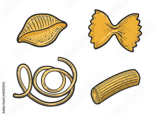Pasta products set color sketch engraving vector illustration. T-shirt apparel print design. Scratch board imitation. Black and white hand drawn image.