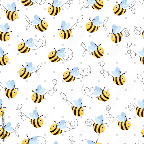 Seamless pattern with bees on white polka dots background. Small wasp. Vector illustration. Adorable cartoon character. Template design for invitation  cards  textile  fabric. Doodle style