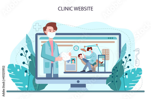 Dentist online service or platform. Dental doctor in uniform treating
