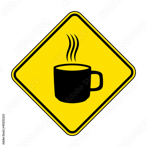 Hot coffee warning sign. Vector illustration of yellow diamond shaped sign with steaming cup of water. Hot glass of water icon. Risk of burns symbol. Caution hot liquid. 