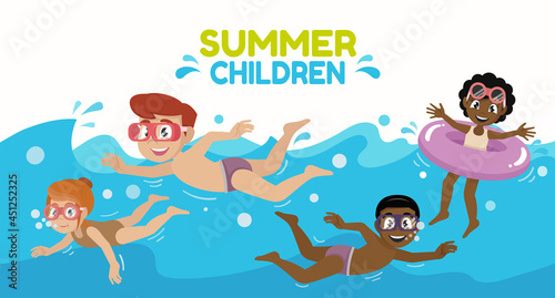 Children Swimming. Children play with a group of friends in the summer.,vector eps10
