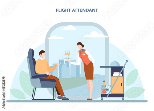 Stewardess concept. Flight attendants help passenger in airplane