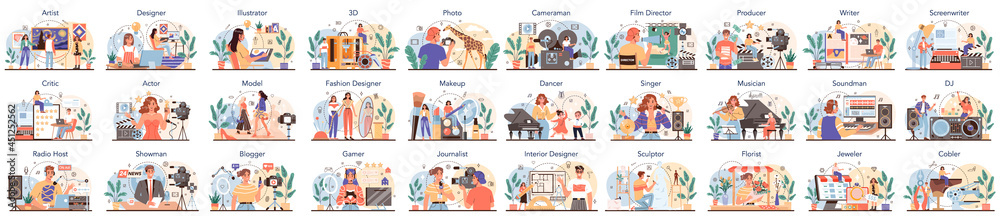 Artistic occupation set. Designer, dancer, artist, musician, florist and sculptor, restorer and make up artist. Artistic occupation set. Designer, dancer, artist, musician, florist and sculptor, restorer and make up artist.