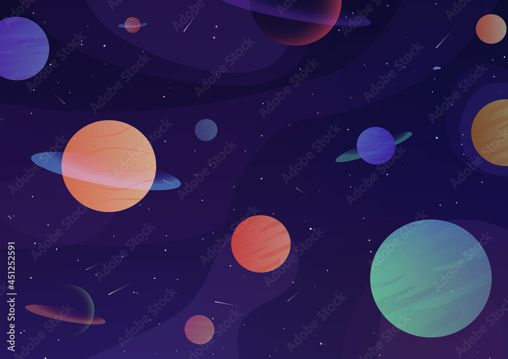 Playful and colourful illustration of planets in space. Cartoon vector universe, outer space, galaxy, stars. Background, wallpaper. 