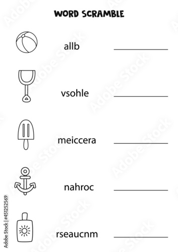 Puzzle for kids. Word scramble for children. Black and white summer elements.