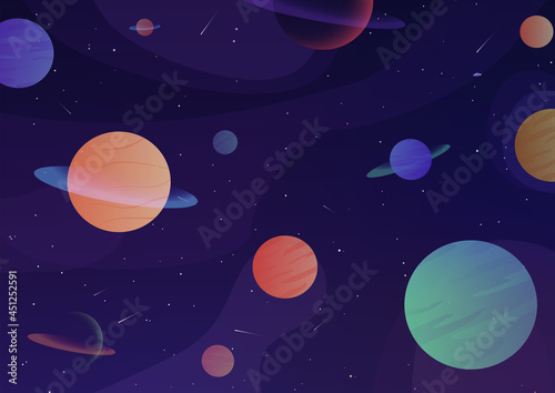 Playful and colourful illustration of planets in space. Cartoon vector universe, outer space, galaxy, stars. Background, wallpaper. 