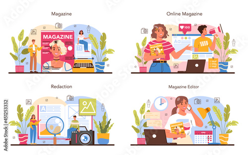 Magazine editor concept set. Journalist and designer working on magazine