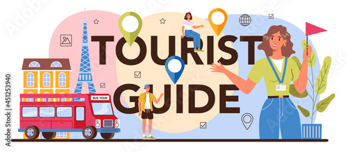 Tourist guide typographic header. Tourists listening to the history