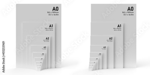 Fotografía International A series paper size formats from A0 to A8, with black text printed on white textured paper and isolated on a white background